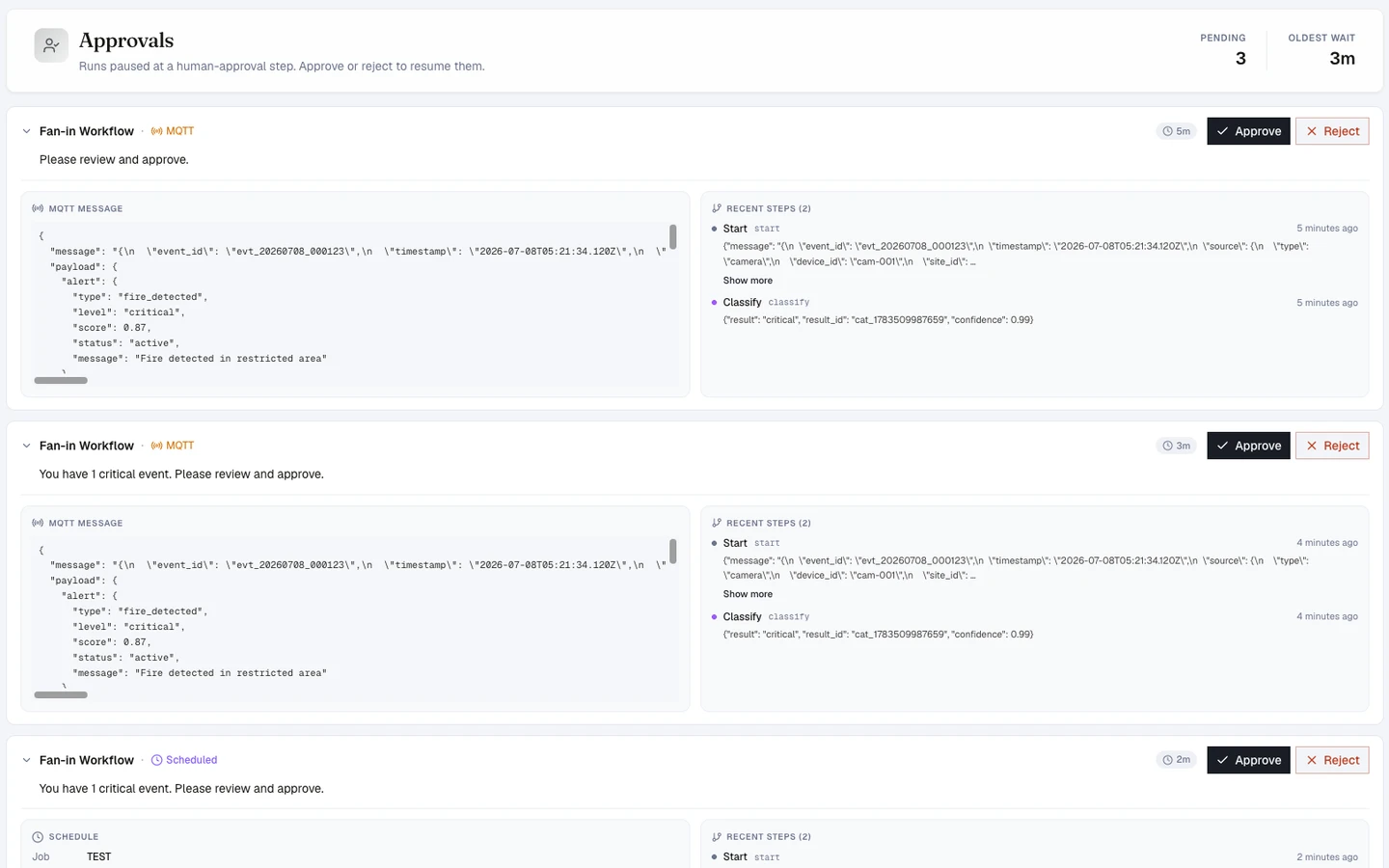The Approvals queue with three runs paused at human-approval steps: MQTT fire-detection alerts classified critical, each with Approve and Reject buttons