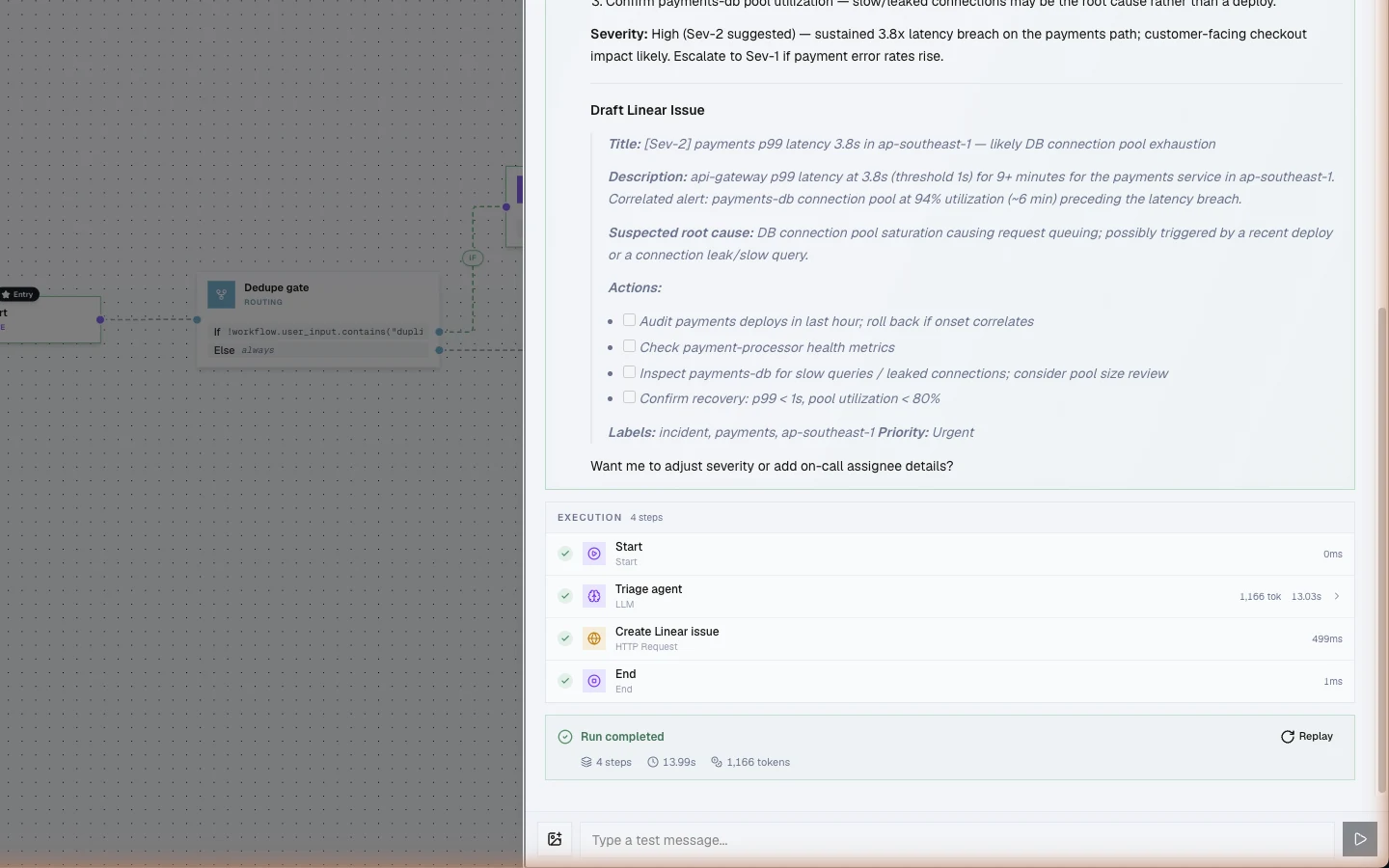 A completed test run in Studio: the agent's triage summary and draft Linear issue above an execution timeline of four green steps, finished in 14 seconds