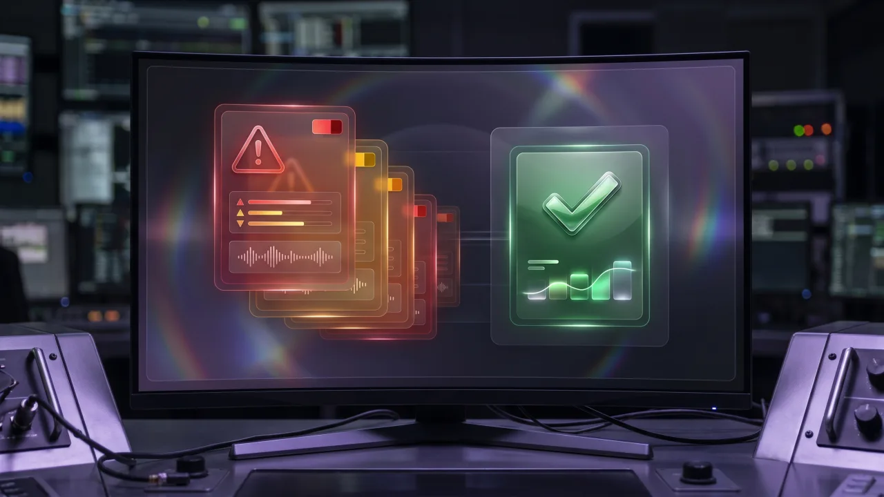 Control-room monitor showing a stack of detailed red and amber alert cards with warning triangles and severity bars, triaged and deduplicated into a single polished green resolved card with a glossy checkmark.