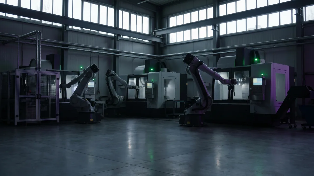 Real factory floor with robotic arms and CNC machines in natural light, subtle acid-green machine status lights and faint violet rim accents.