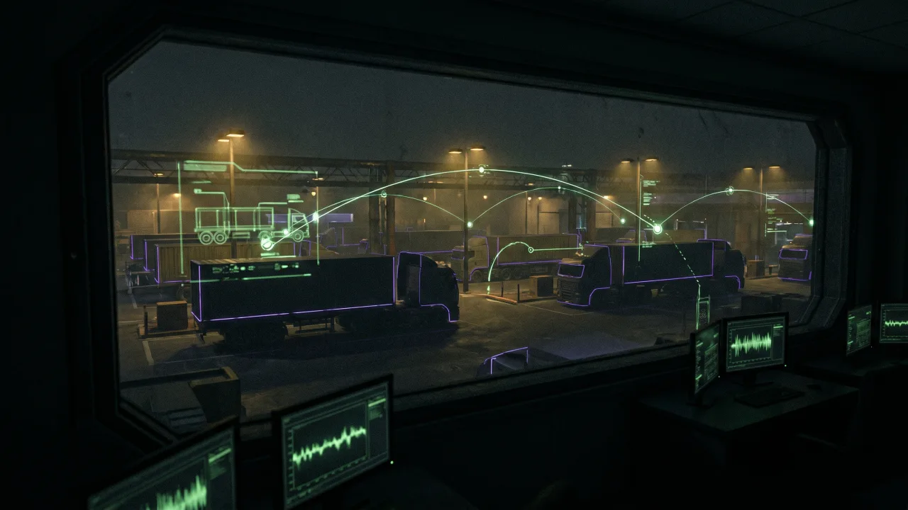 Logistics control room overlooking a depot at night; acid-green telemetry arcs link a fleet of trucks outlined in violet light.