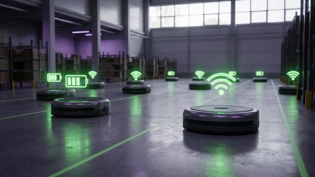Dim warehouse with round disc-shaped autonomous robots on a concrete floor, each with a floating glowing acid-green battery or wifi-signal status icon above it and green guide lines on the floor.