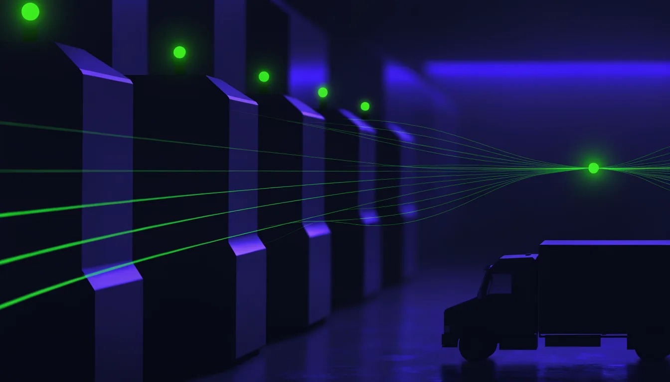 Dark industrial floor: machines crowned with glowing green status lights streaming telemetry lines toward a single hub node, a truck silhouette in violet rim light.