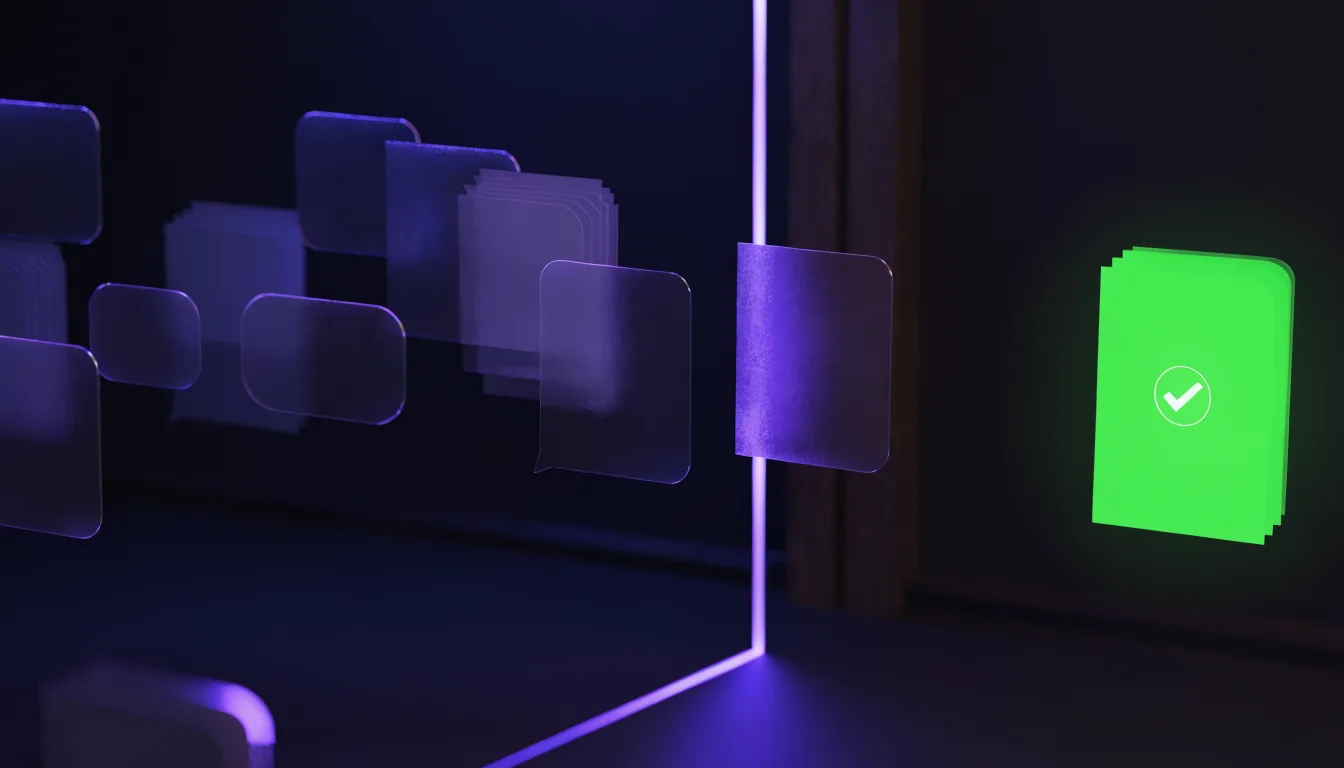 Translucent chat bubbles and document cards drifting toward a thin glowing approval gate, one approved document glowing green with a check seal.