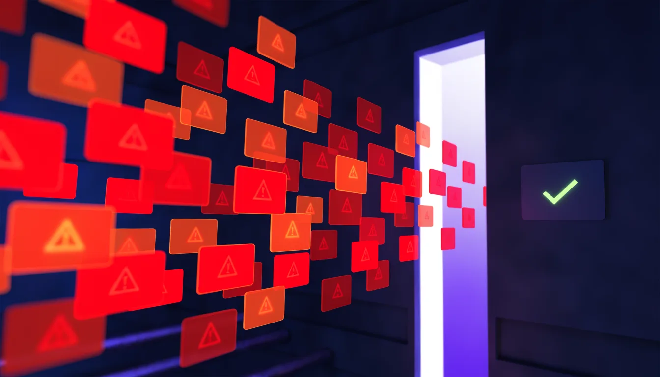 A swarm of red and amber warning panels thinning as they pass through a glowing gate, leaving one calm panel with a green checkmark.